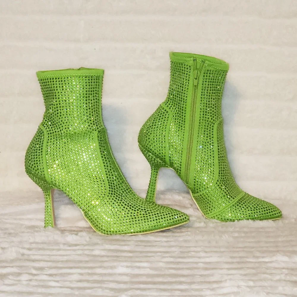 Stunning Bright Green Stretch Rhinestone Ankle Boots 3.5" Kitten Heels_12